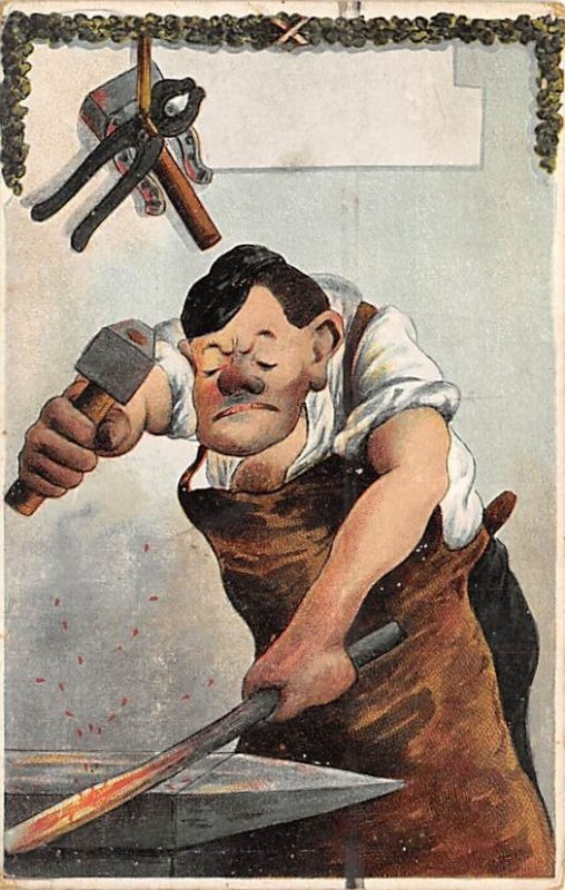 Man Pounding on Steel Cartoon Occupation, Blacksmith Unused 