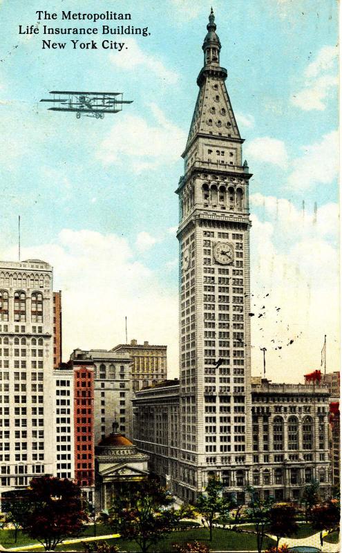 NY - New York City. Metropolitan Life Ins. Building, Aeroplane, ca 1913. Hold...