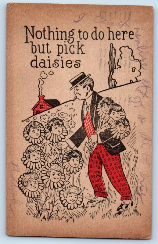 Frederick Maryland Postcard Nothing To Do Here But Pick Daisies Man With Cigar