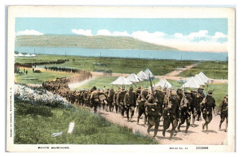 Route Marching, WWI US Soldiers Doughboys Postcard