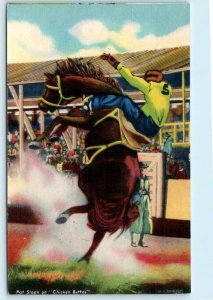 Rodeo Scene PAT SLOAN on CHICKEN BUTTES ca 1940s Linen Cowboy Postcard