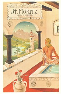 St Moritz Switzerland Hotel Luxury Baths In WW2 Advertising Postcard