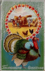 Thanksgiving Greetings Beautiful Turkey Wheat Farm Wagon Scene  Postcard W16