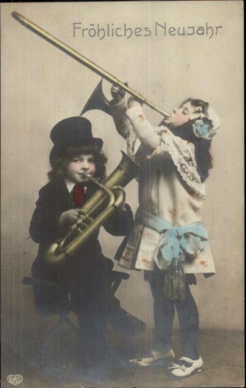 German New Year - Kids Music Instruments Brass c1910 Real Photo Postcard