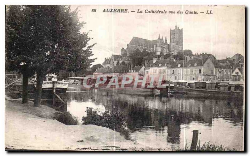 Old Postcard Auxerre La Cathedrale view Barges Quays