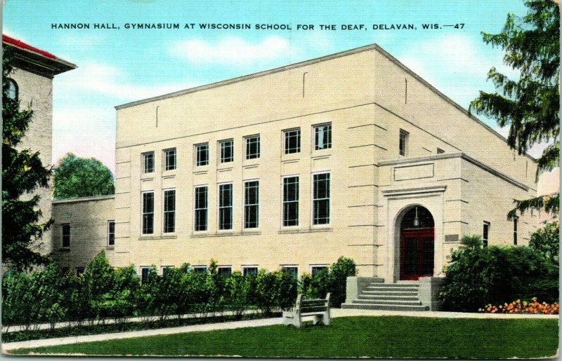 Vtg Lino Postal Hannon Hall Gymnasium En Wisconsin Escuela Para Deaf Delavan Wi