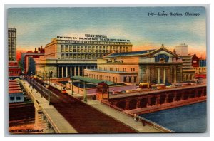 Vintage 1940's Postcard Union Station City Skyline Chicago Illinois