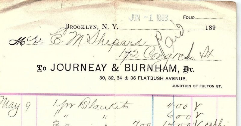 1898 BROOKLYN NY JOURNEAY & BURNHAM FLATBUSH AVE BILLHEAD RECEIPT Z4226