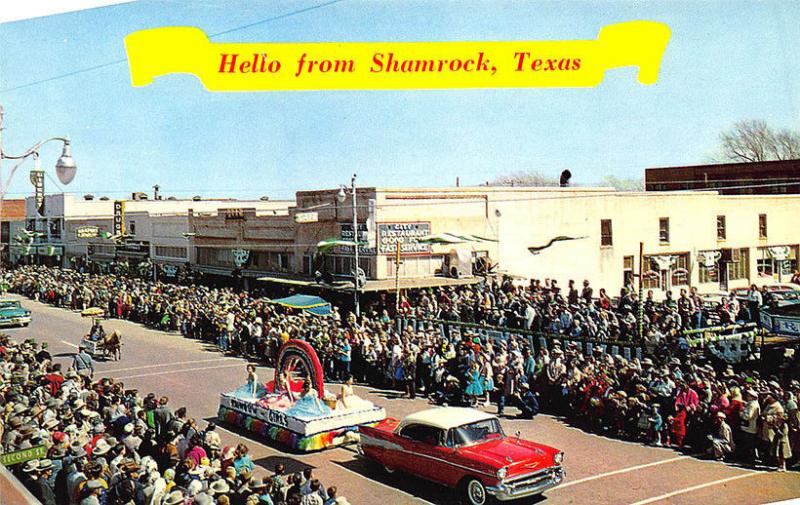 Shamrock TX 1957 Chevrolet St Patricks Day Parade Store Fronts Postcard