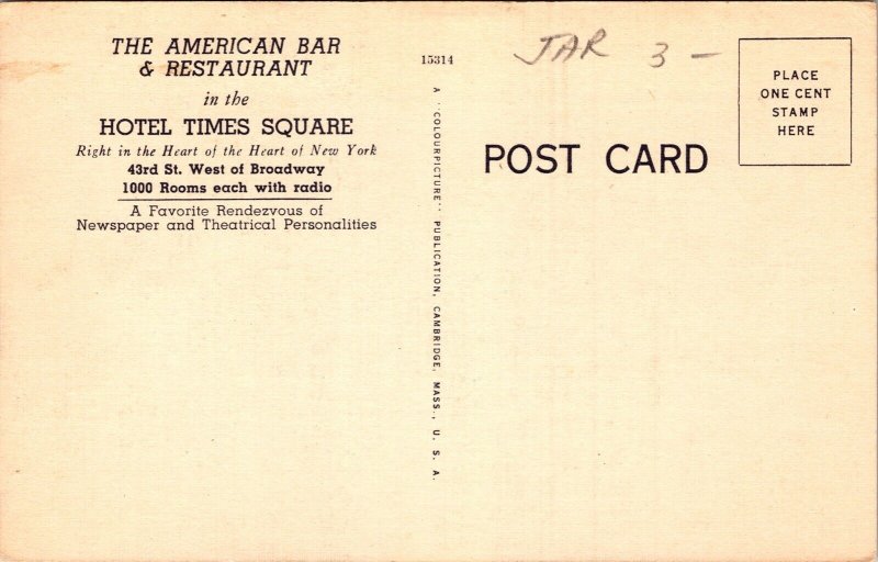 American Bar Restaurant Hotel Times Square New York NY Interior Linen Postcard