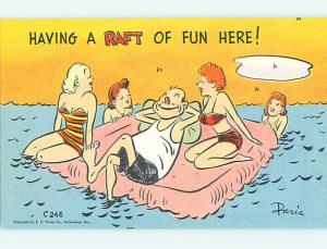 Unused Linen risque signed GUY HAS A RAFT OF FUN WITH BEACH GIRLS r2029