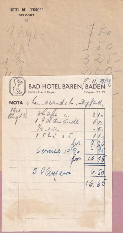 Bad Hotel Baren Baden Belfort 2x Old Hotel Receipt s