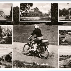 c1950s Amal, Sweden RPPC Town Views Bicycle Rider Street Scenes Lake Beach A336