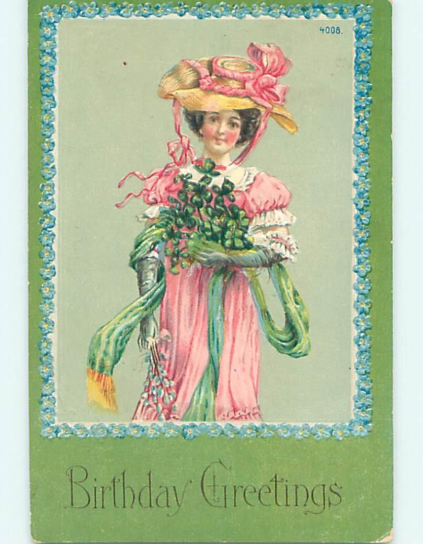 Pre-Linen fashion PRETTY WOMAN IN PINK DRESS WITH GREEN SCARF AND GLOVES HJ3954