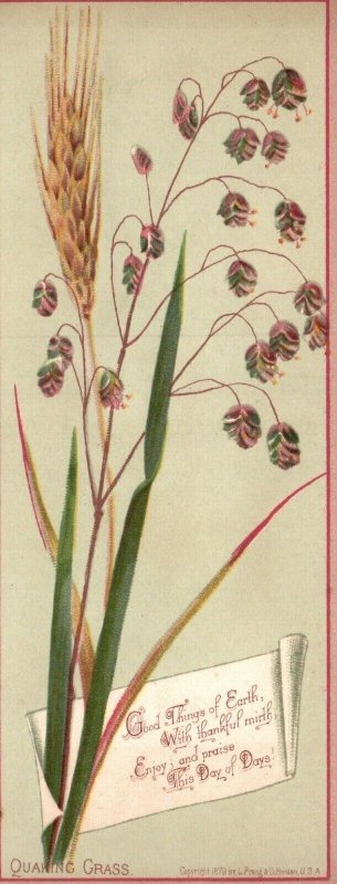1880s-90s Quaking Grass Good Things of Earth Thankful Mirth Trade Card