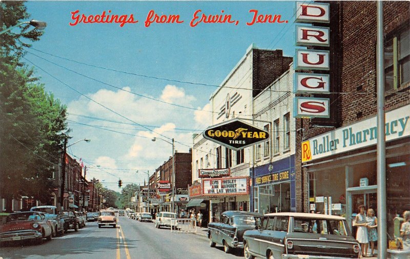 G44/ Erwin Tennessee Postcard Chrome Main Street Stores Good Year Autos