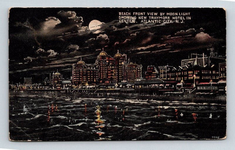 Beach Front View Moonlight New Traymore Hotel Atlantic City New Jersey Postcard 