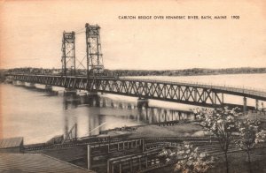 Vintage Postcard Carlton Vertical-Lift Bridge Over Kennebec River Bath Maine ME