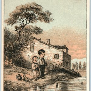 c1880s Cute Children Fishing Ducks Tan Blue Litho Trade Card Peaceful Scene C30