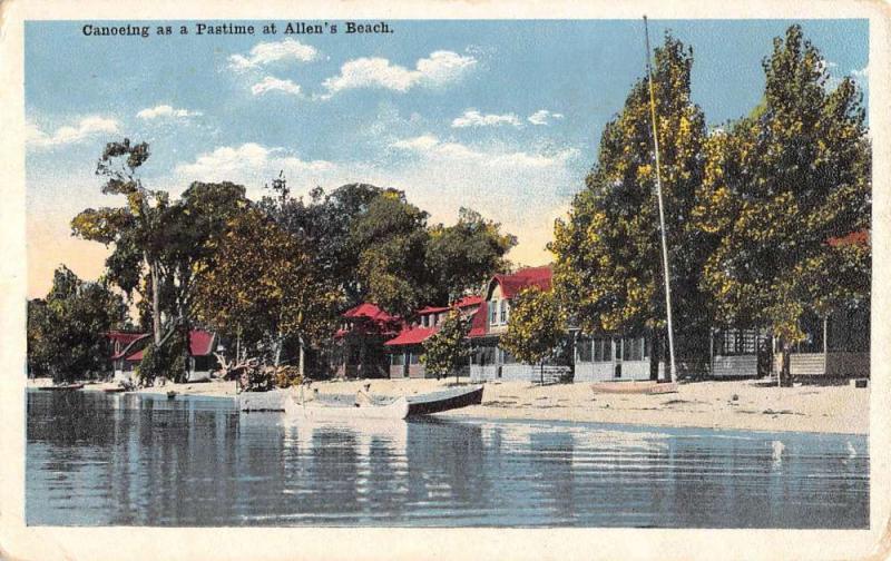 Allens Beach Canoeing Waterfront Shoreline Antique Postcard K64414