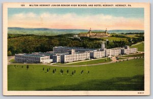 Hershey PA~Milton Junior-Senior High School~Hotel~Birds Eye View~Linen Postcard