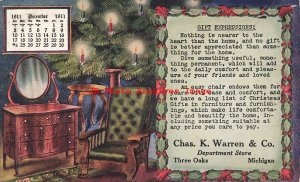 Advertising Calendar Postcard, Charle K Warren Department Store, Three Oaks MI