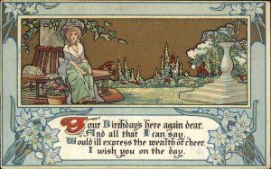 Birthday Elizabethan Pretty Woman in Park Vintage Postcard