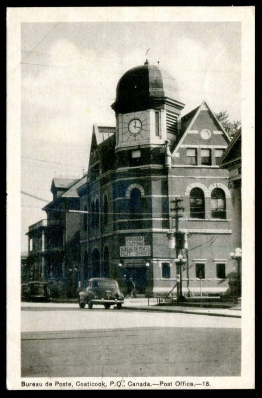 dc1212 - COATICOOK Quebec Postcard 1942 Post Office. Old Cars