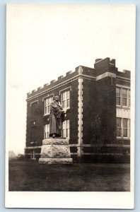 Luther Statue Postcard RPPC Photo Cadillac Memorial Gardens Building c1910's