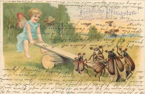 Pentecost humanized luck beetle bugs swing drawn fay greetings 1905 chromo litho