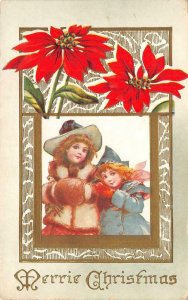 MERRIE CHRISTMAS Two Girls, Flowers Poinsettias Greetings 1911 Vintage Postcard