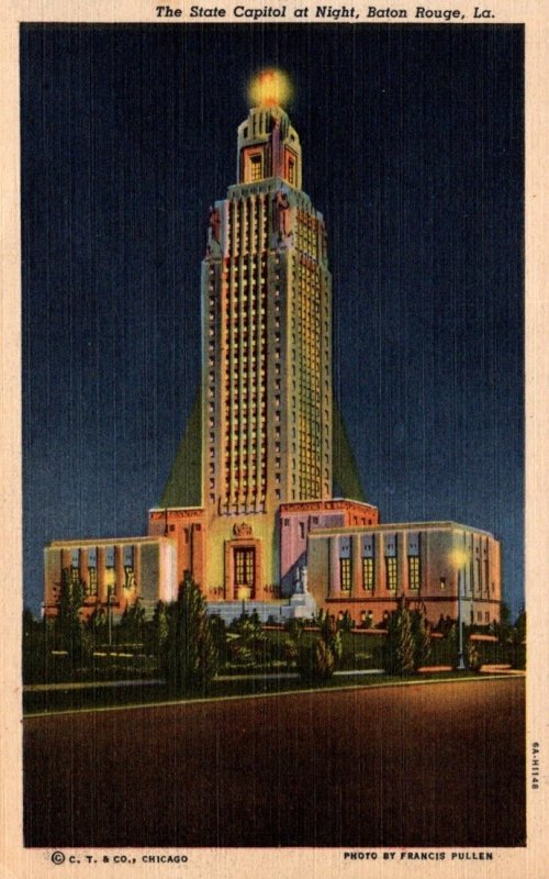 Louisiana Baton Rouge State Capitol Building At Night 1949 Curteich