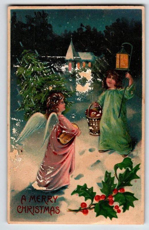 Christmas Postcard Angel Girl With Lantern Church BW Germany Series 298 Embossed