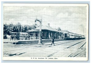 c1940's CPR Station, Railway, Train Locomotive St Johns Quebec Canada Postcard 