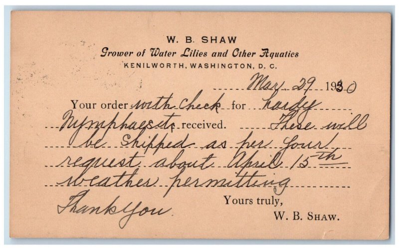 1930 W.B. Shaw Grower of Water Lilies Other Aquatics Washington DC Postcard