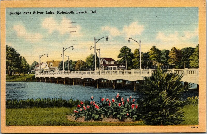 Vtg 1940s Bridge Over Silver Lake Rehoboth Beach Delaware DE Linen Postcard