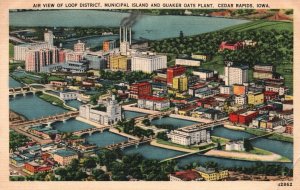 1946 Municipal Island & Quaker Oats Plant Air View Cedar Rapids Posted Postcard