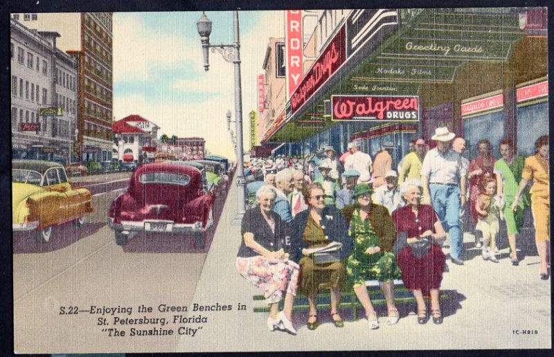 FL ST. PETERSBURG  Famous Green Benches Walgreen DRUGS sign older cars LINEN