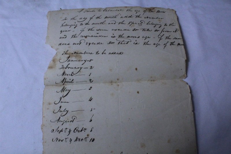 Vintage Ca. 1833 Hand Written A Rule To Calculate the Age of the Moon