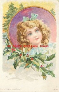 Christmas, Gray Litho No 43, Maud Humphrey, Pretty Girl, Holly, Pine Trees