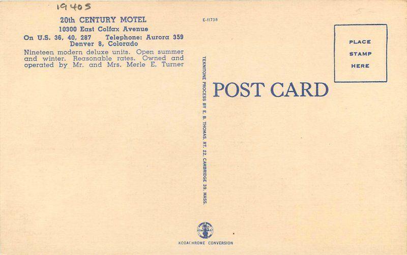 20th Century Motel 1940s Denver Colorado roadside Thomas linen postcard 9935