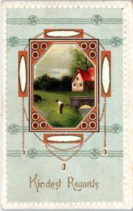 ARTS & CRAFTS STYLE Greeting  Postcard 1912 KINDEST REGARDS Nice Design