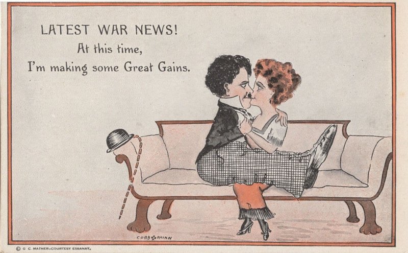 Charlie Chaplin Latest War News WW1 Sweetheart Kiss Old Comic Postcard