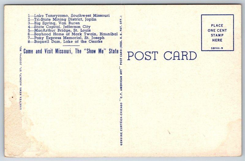 Missouri~State Map & Pics~Taneycomo~Mining~Capitol~Bridge~Dam~Linen Postcard