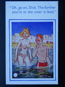 Comic Seaside Theme THE FURTHER YOU'RE IN THE NICER.. c1960s Postcard by C.C.Ltd