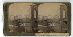 477733 USA New York Brooklyn Bridge sailboat under bridge Underwood STEREO PHOTO