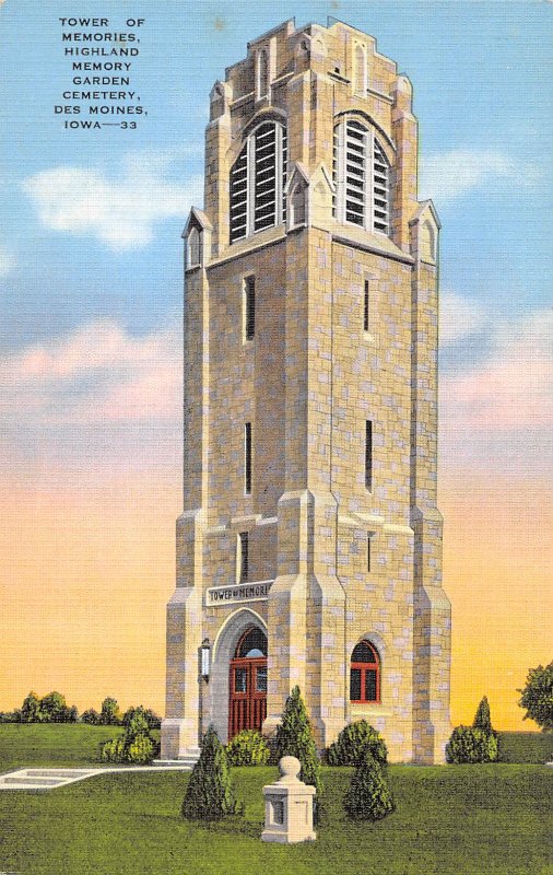 Tower of Memories Highland Cemetery Des Moines Iowa linen postcard
