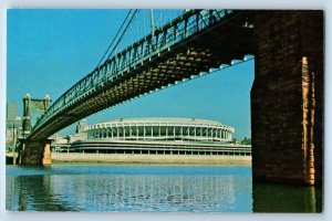 1960 Cincinnati Ohio Postcard River Front Stadium Suspension Bridge Queen City
