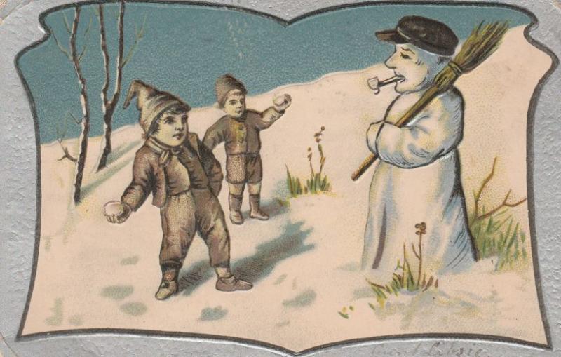 Snowman Greetings - Boys throwing Snowballs - pm 1904 - UDB