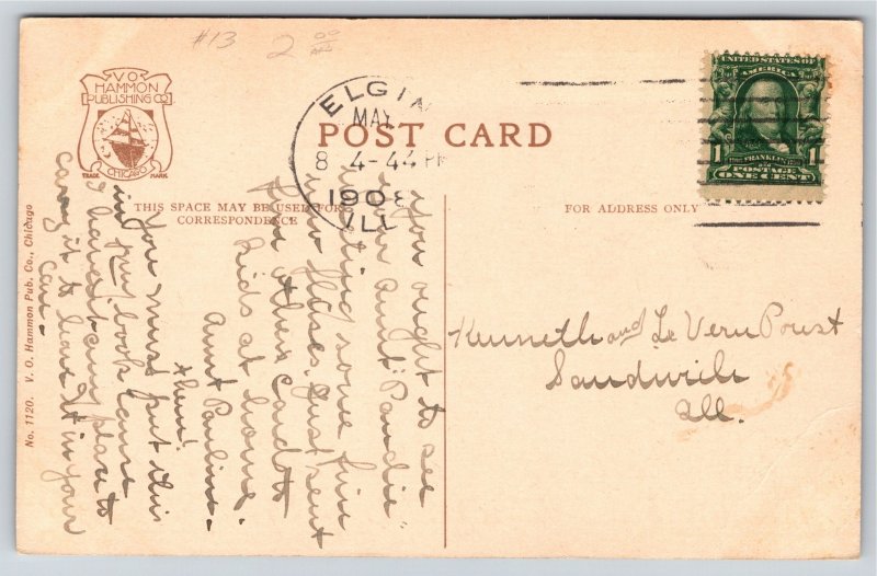 Elgin Illinois~View @ Dam On The Fox River~PM 1908~VO Hammon Vintage Postcard